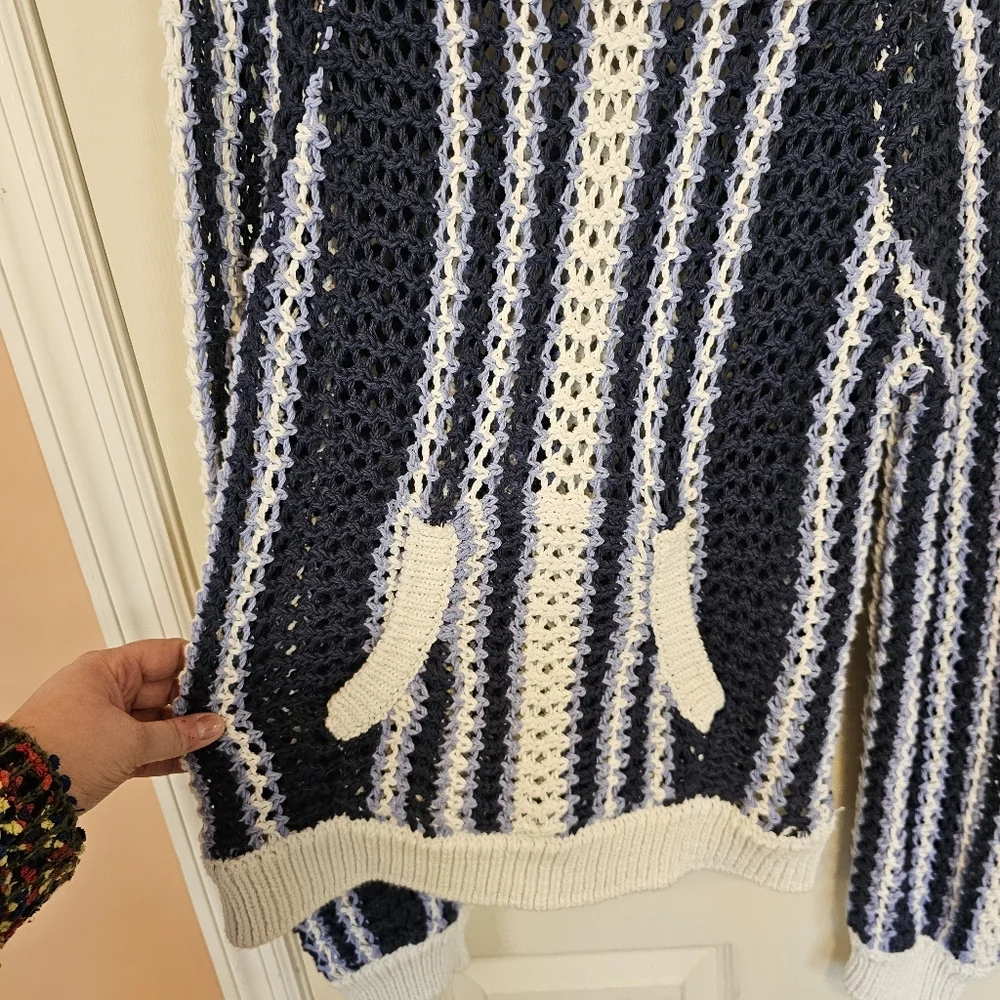 Free People Beach Crochet Striped Dayton Sweater Midnight Rain Combo